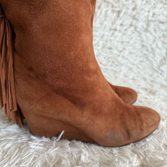 Christian Louboutin Cognac Brown Suede Wedge Boots with Fringe Size 37.5 - Picture 4 of 11